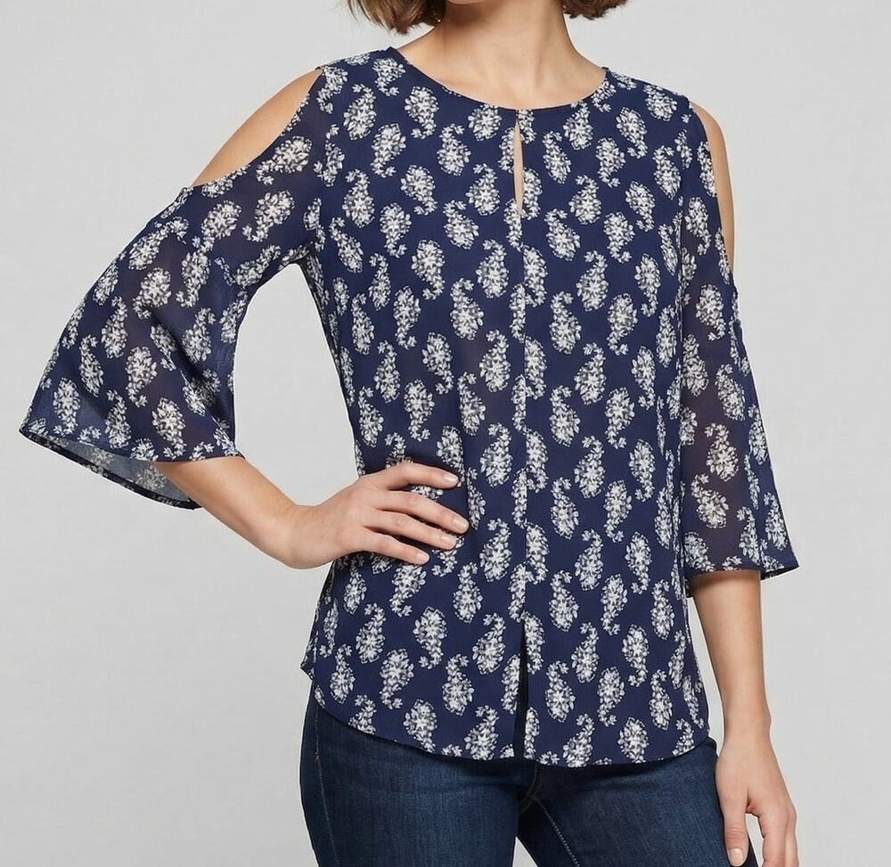 Pleione Small Blue White Floral Blouse 1/2 Cut Out Sleeve Polyester